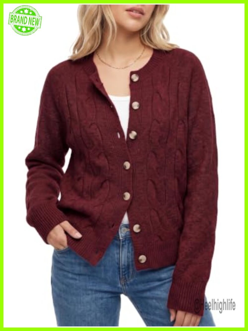Womens Cable Knit Cardigan Crewneck Button Up Sweater